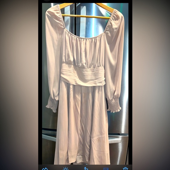 Exlura beige tan nude DRESS square Stretch Neck Long Ruffle sleeve Flowy Ties 2X - Picture 1 of 14
